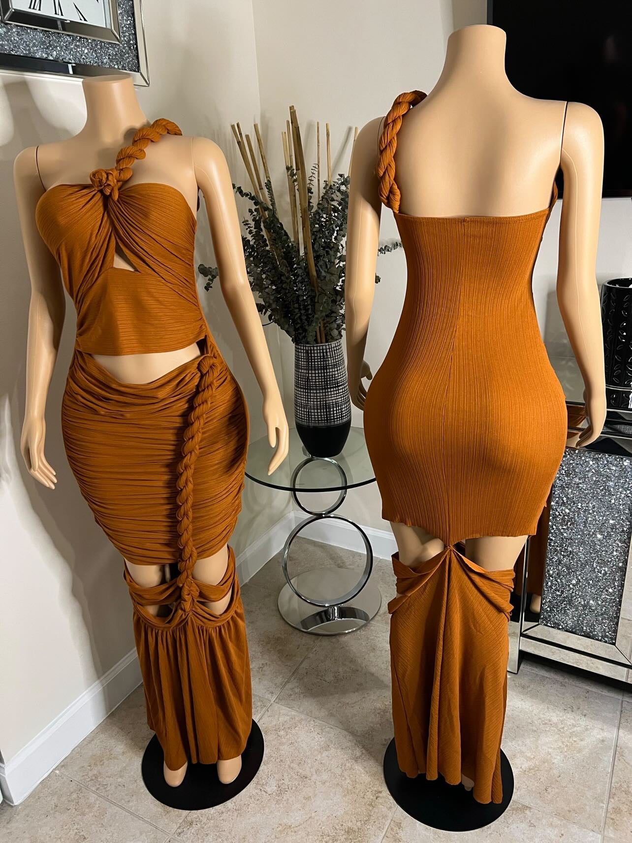 burnt orange dress with braided strap