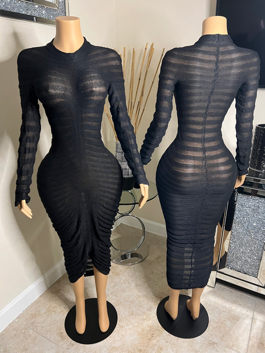 black long sleeve long mesh dress