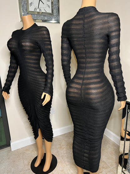 black long sleeve long mesh dress