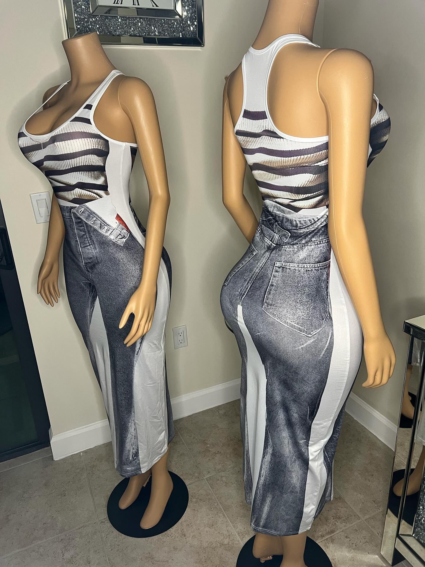 jean print long racer back dress