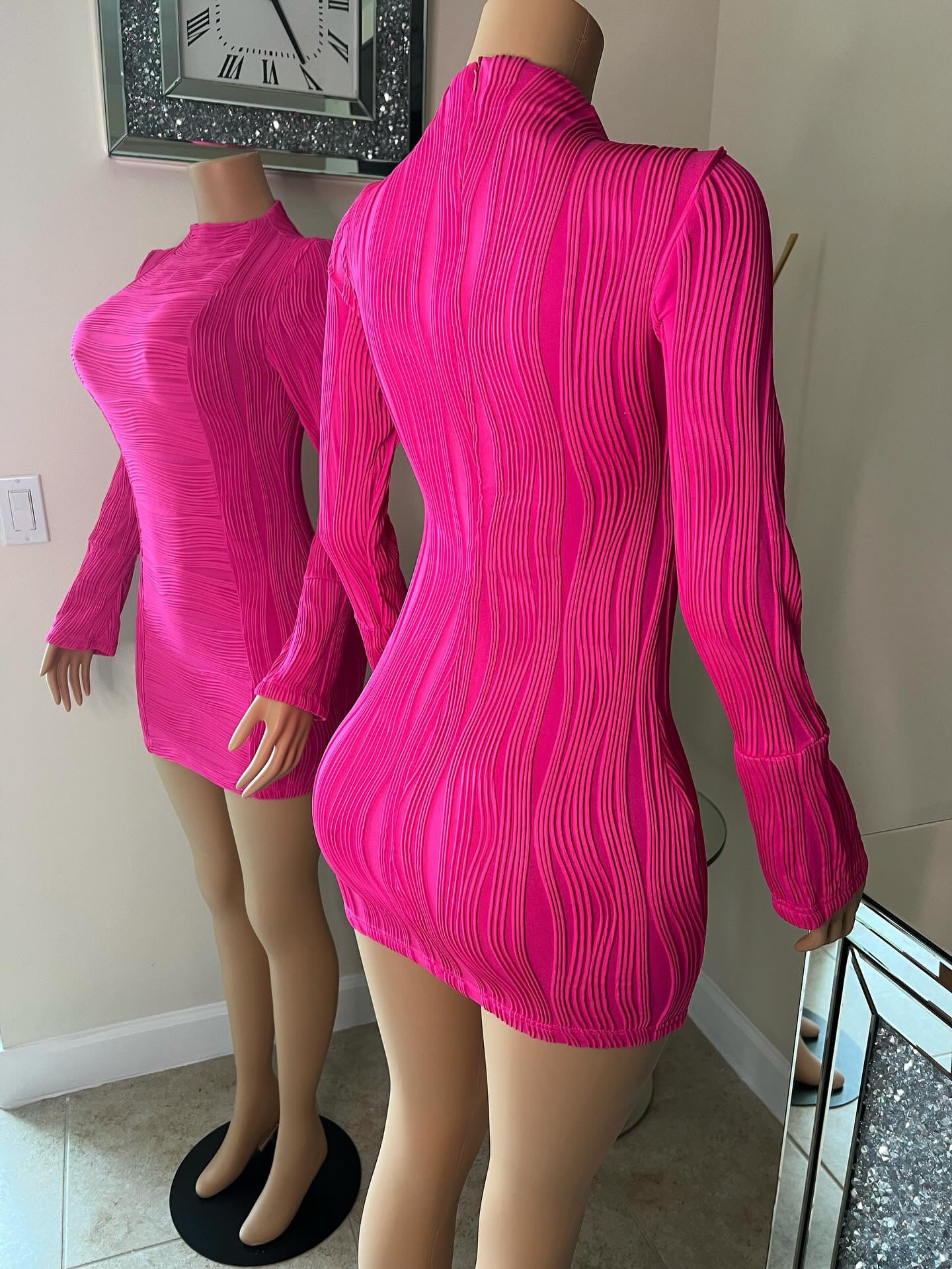 long sleeve textured pink dress