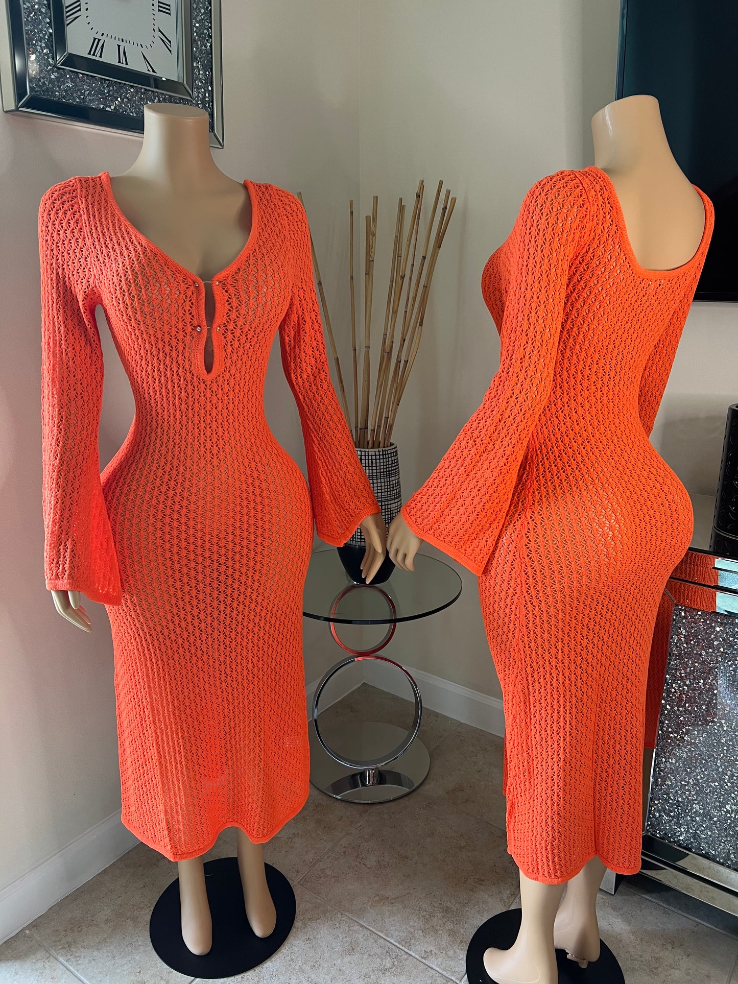 orange long sleeve long knitted dress