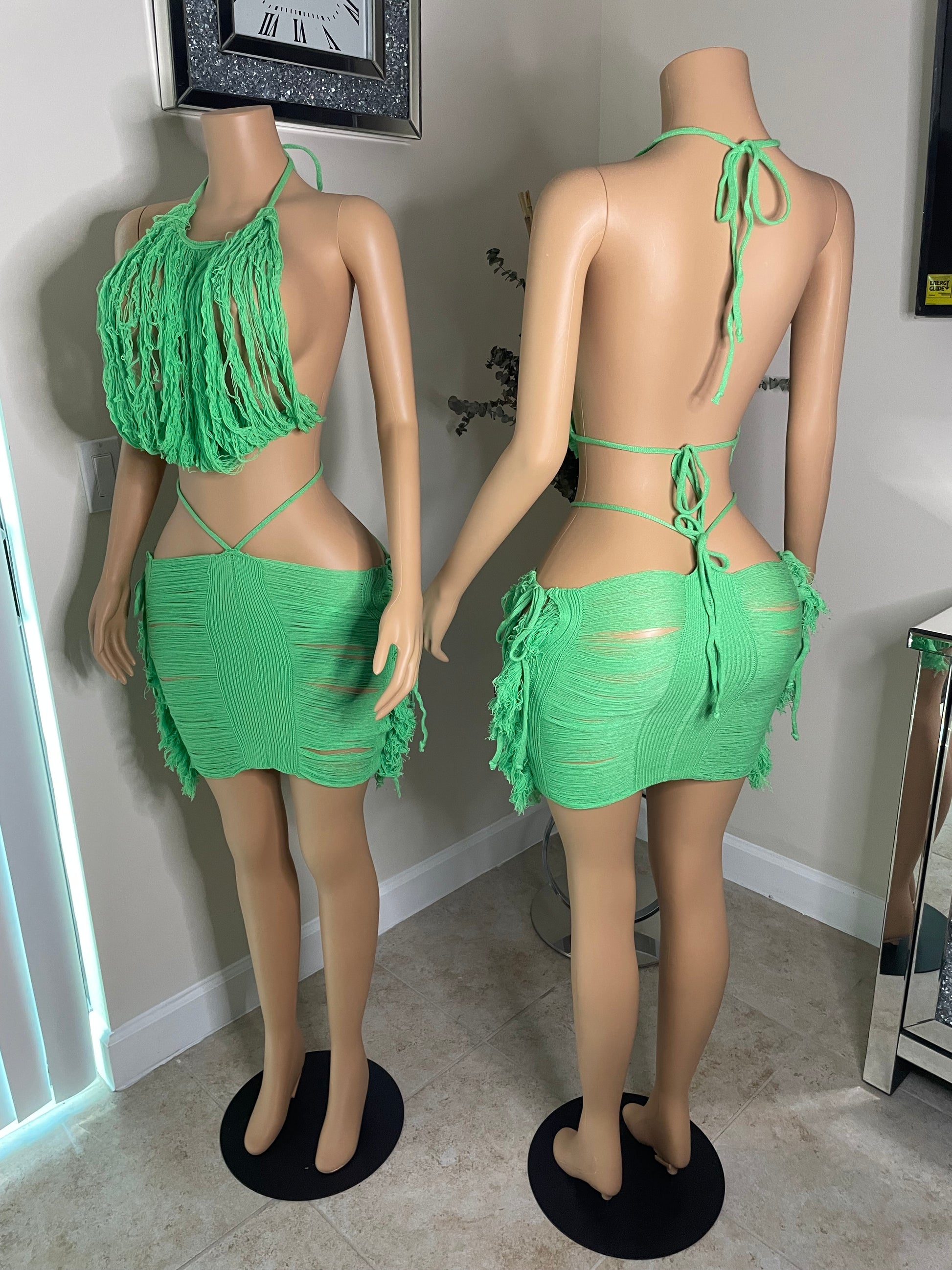 green fringe top and skirt set