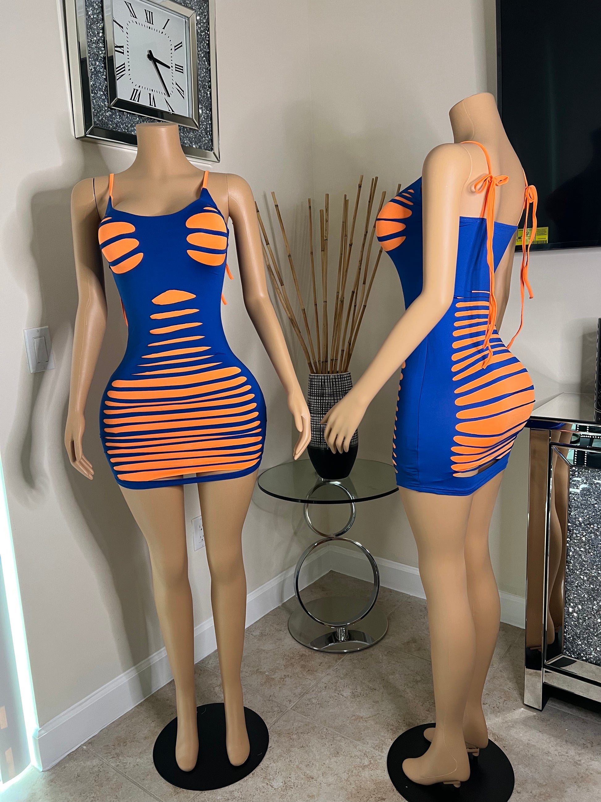 orange and blue short dress