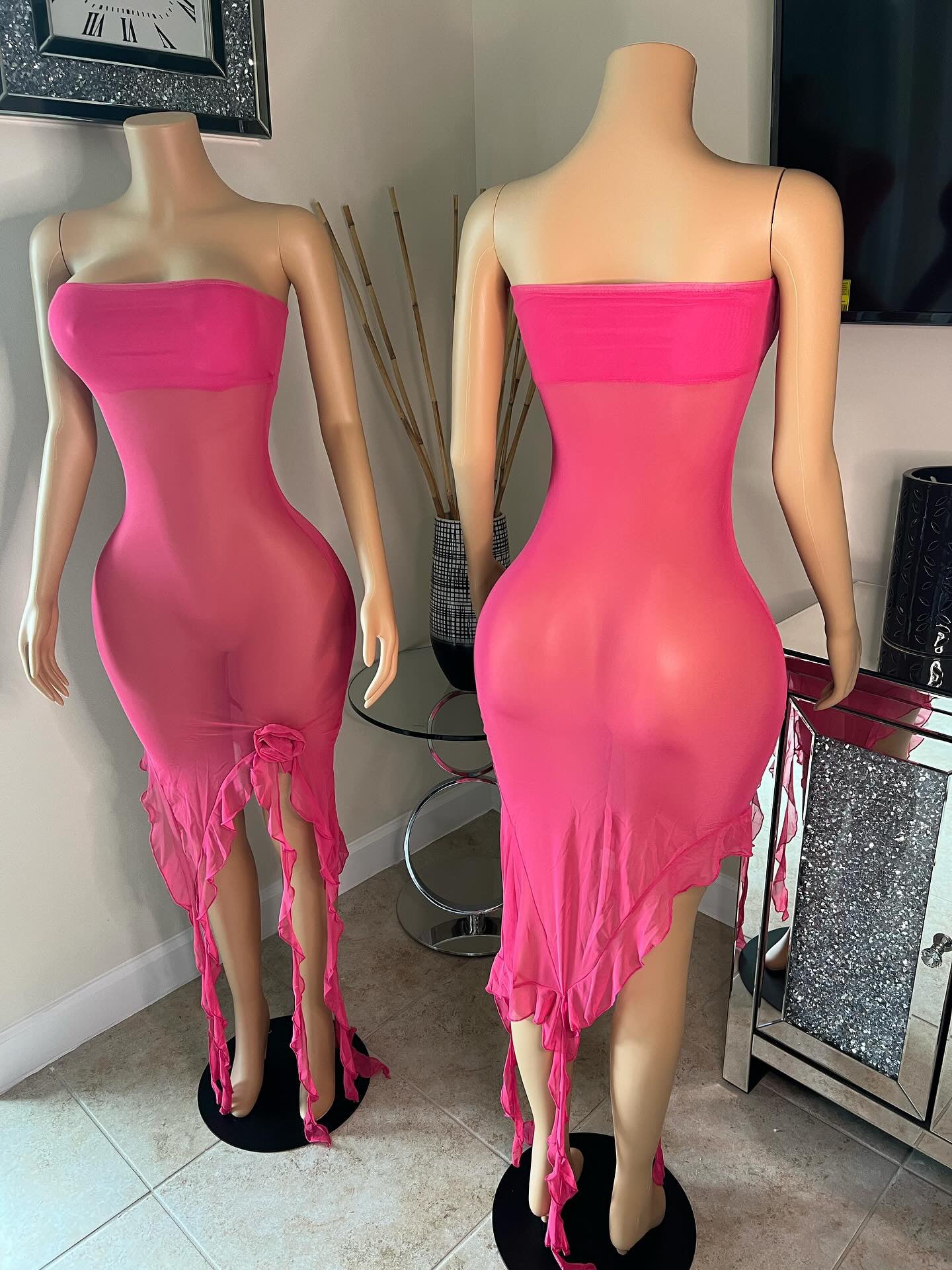 sheer strapless pink long dress