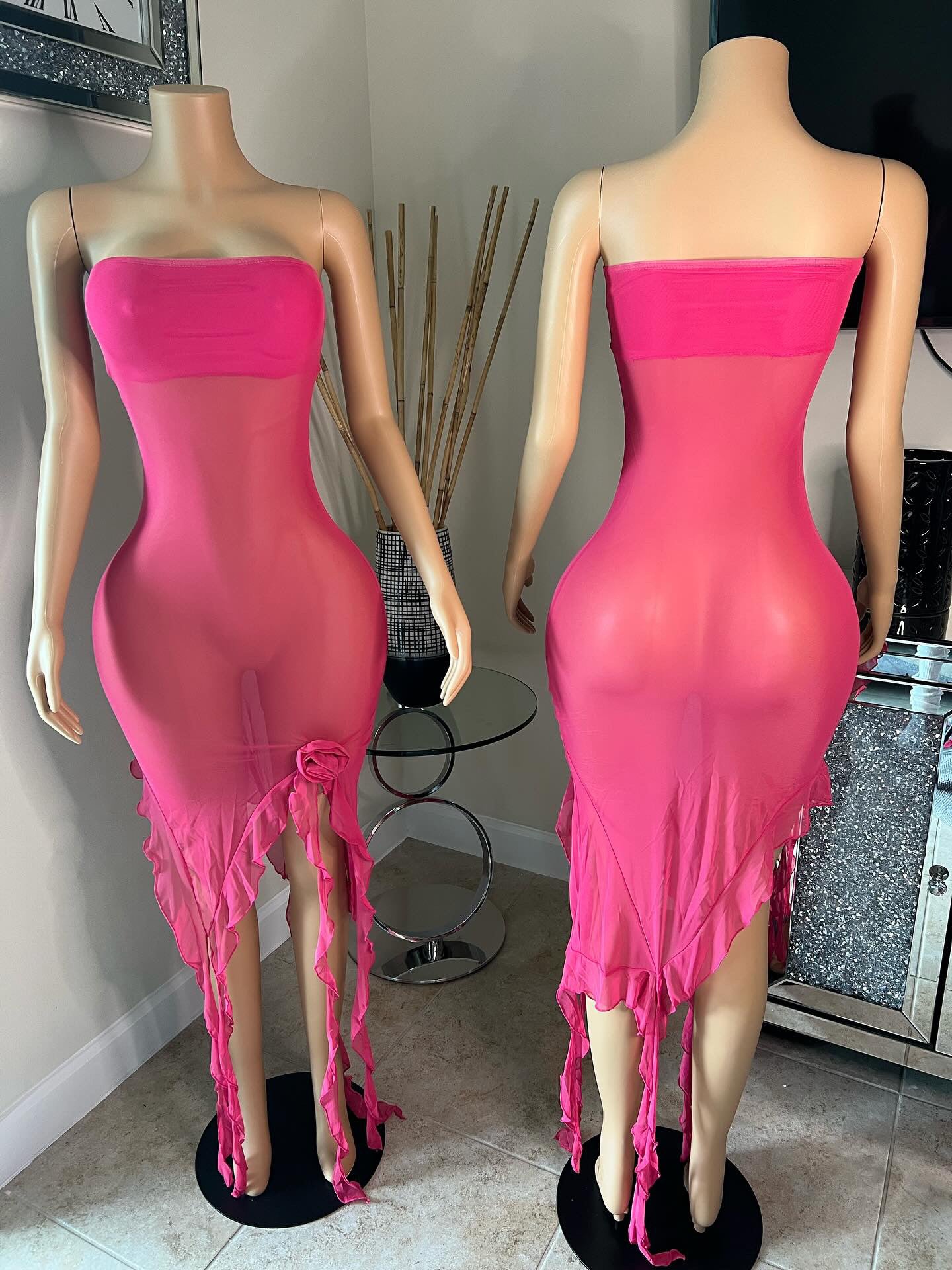 sheer strapless pink long dress