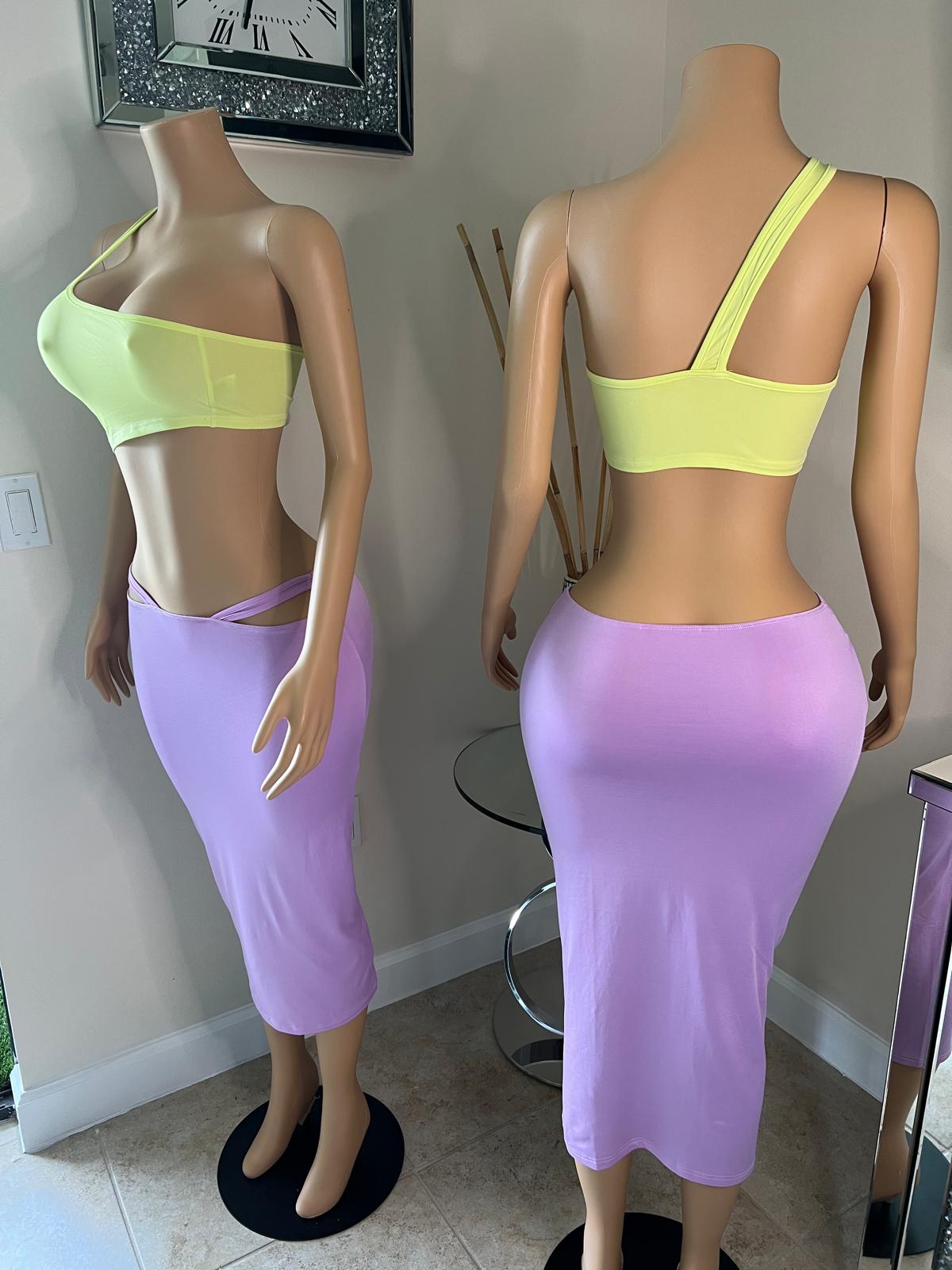 yellow top and long purple skirt set