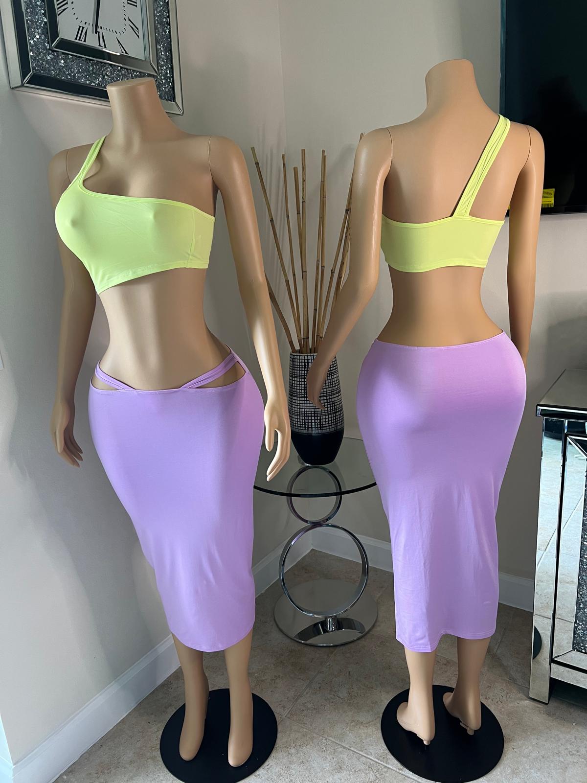 yellow top and long purple skirt set