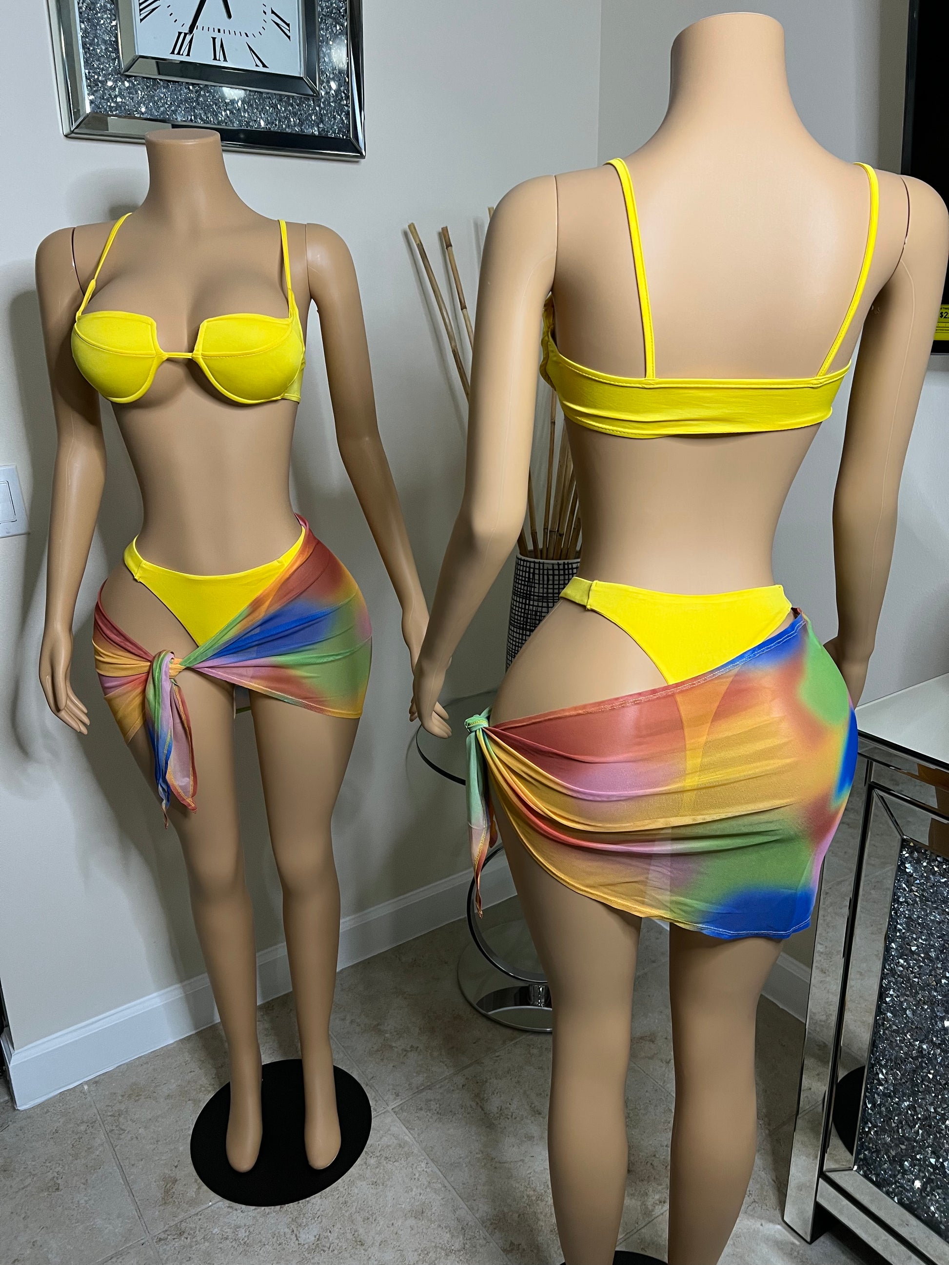 yellow bikini with colorful cover up