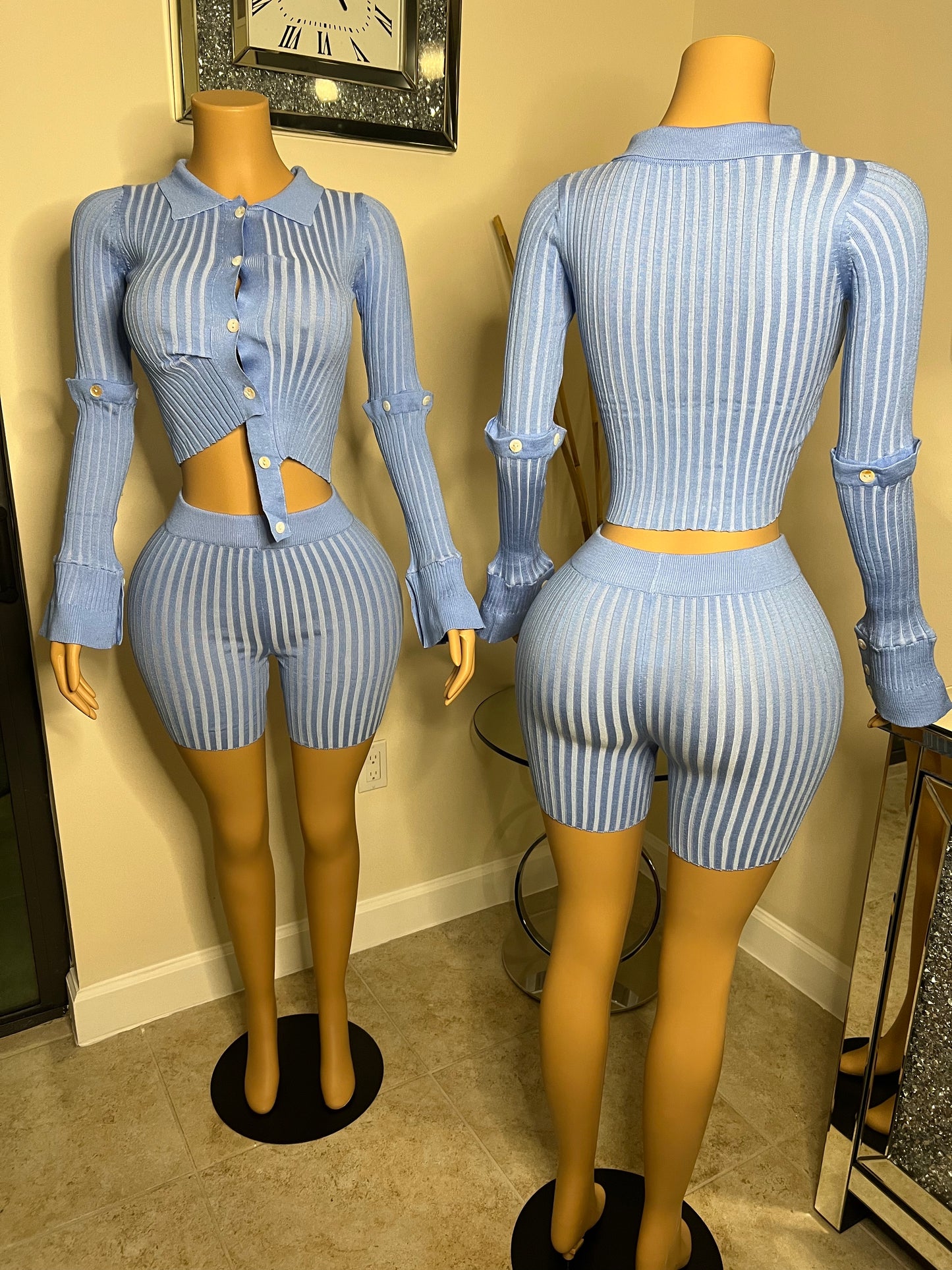 baby blue long sleeve button up shirt and biker shorts set